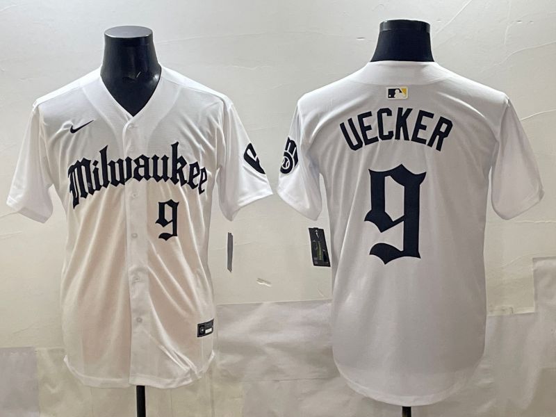 Men 2025 Milwaukee Brewers #9 Uecker White Five generations Joint Name Nike MLB Jersey style 07->milwaukee brewers->MLB Jersey